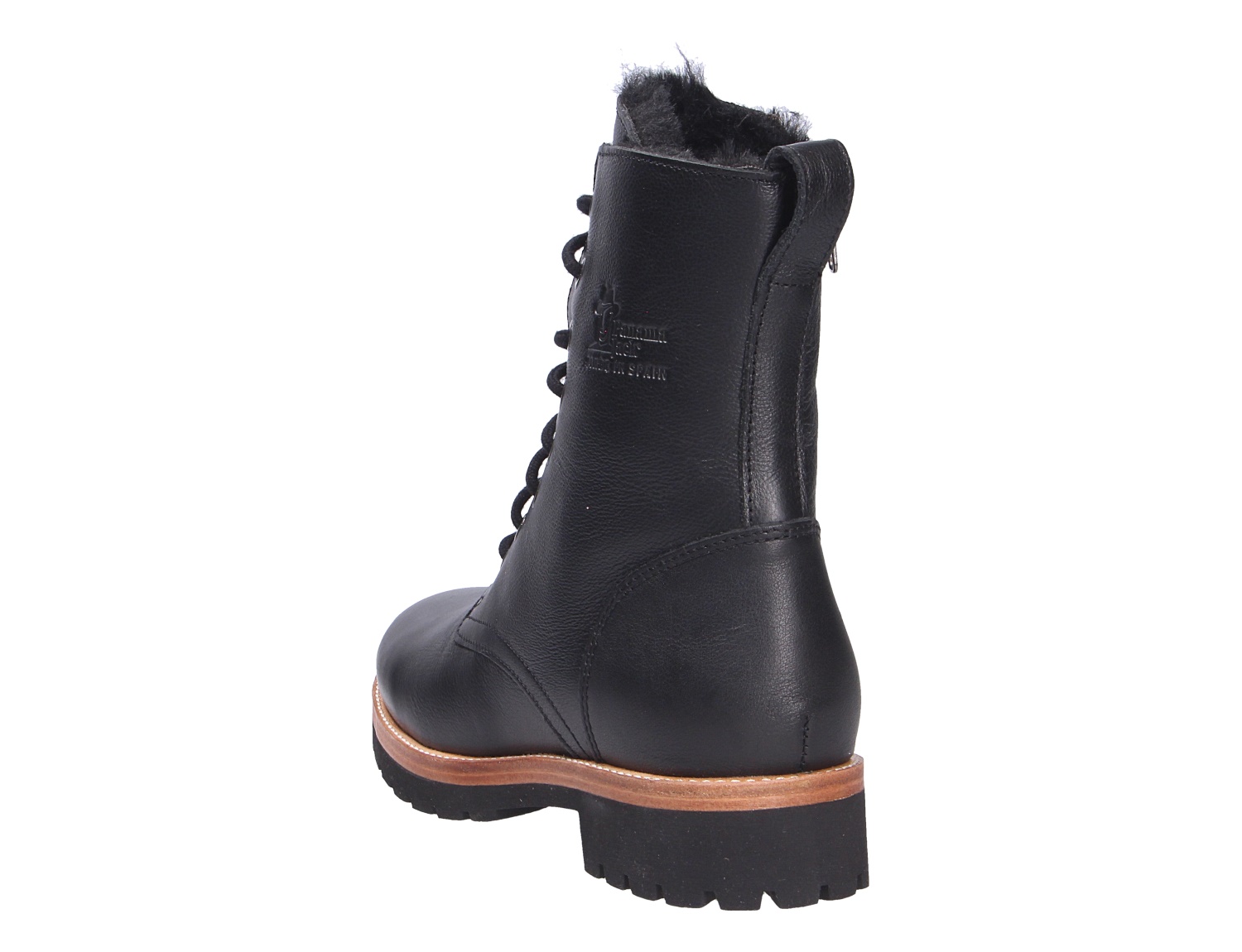 Rückansicht der Panama Jack Frisia Damen-Stiefelette aus schwarzem Leder mit Schnürung, Reißverschluss, warmem Innenfutter und profilierter Sohle