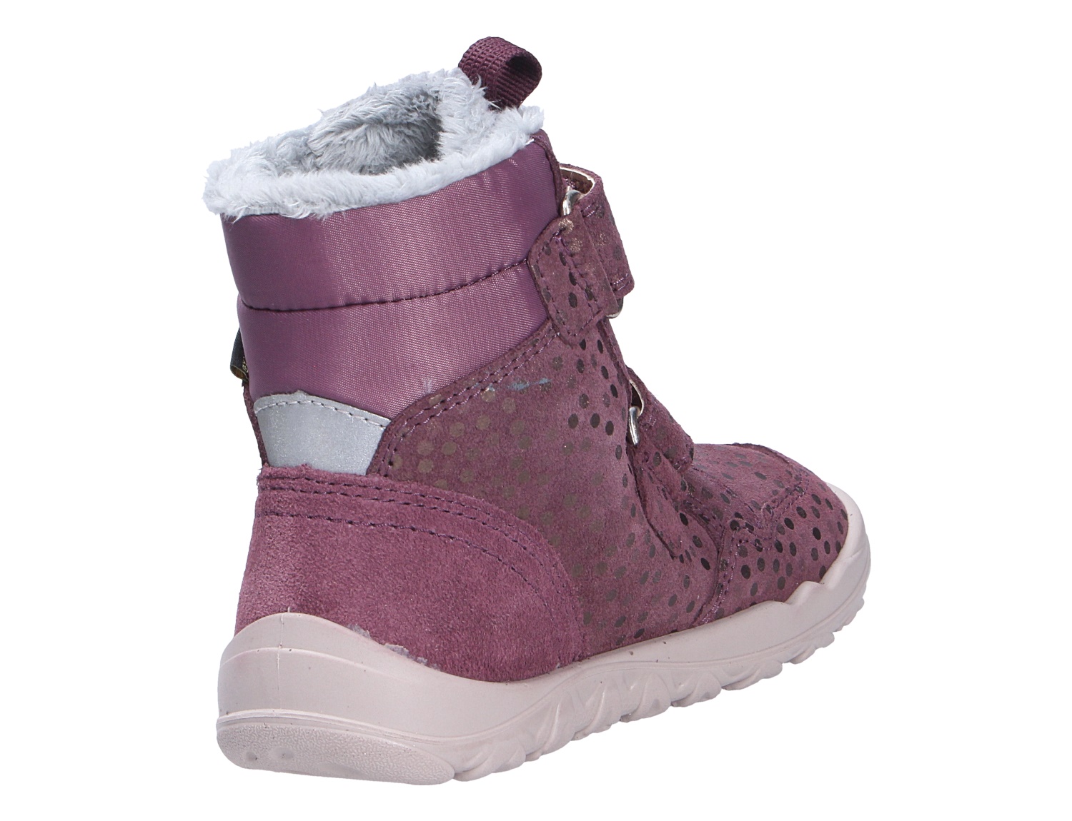Superfit WALDERI Kinder-Winterstiefel in Lila, seitliche Rückansicht, mit Klettverschluss, Warmfutter und rutschfester Sohle