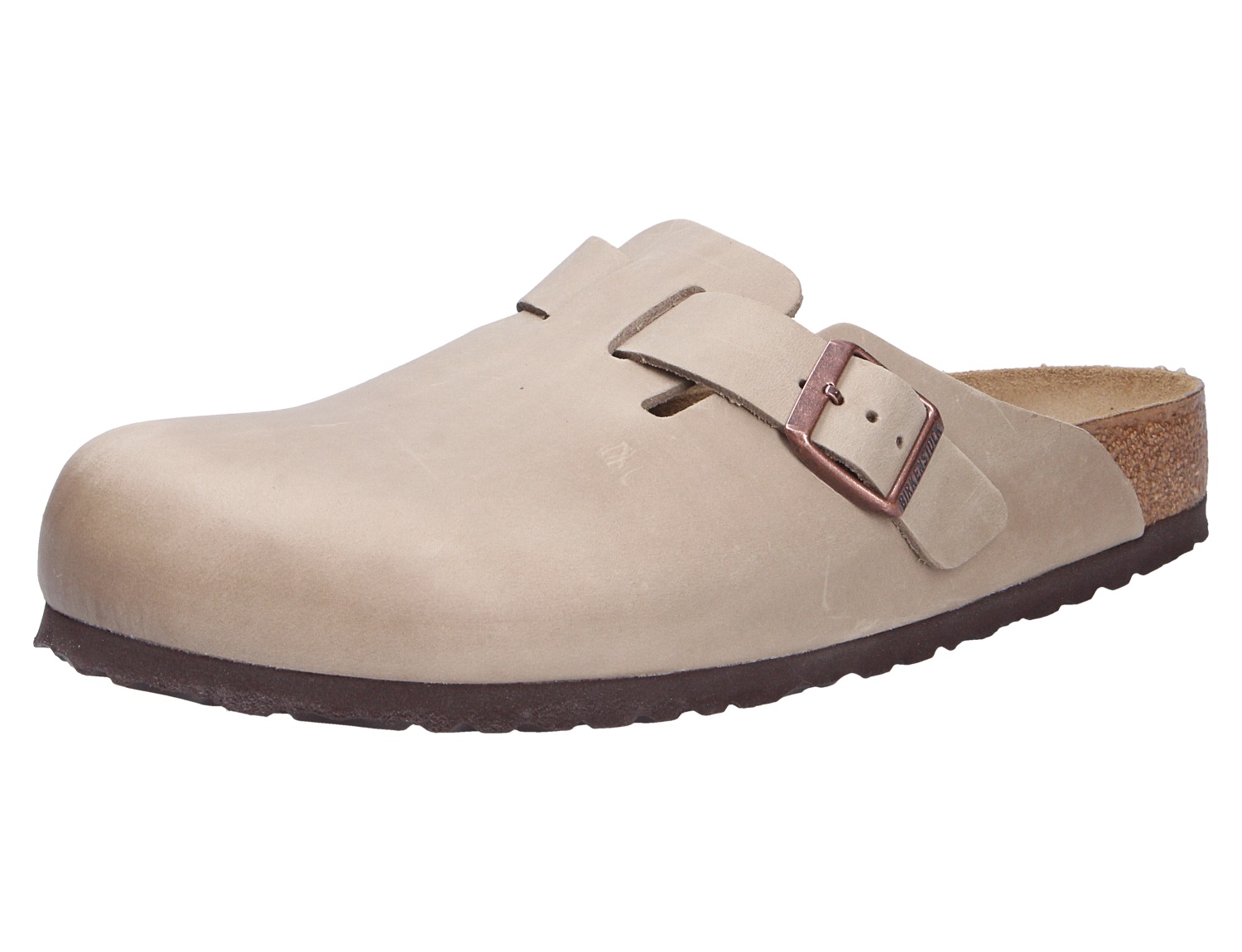 Birkenstock Boston Clog aus beigefarbenem Nubukleder mit geschlossener Zehenpartie, verstellbarer Schnalle und Kork-Latex-Fußbett