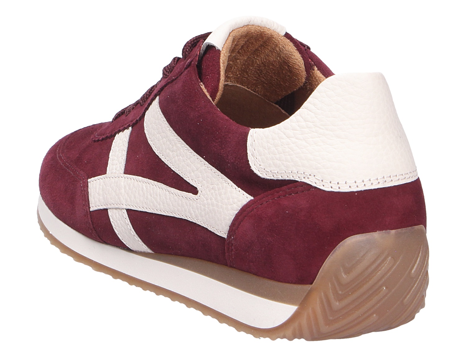 Gabor Damen Sneaker in Bordeaux aus Veloursleder mit weißen Lederdetails und heller Laufsohle, Rück- und Seitenansicht