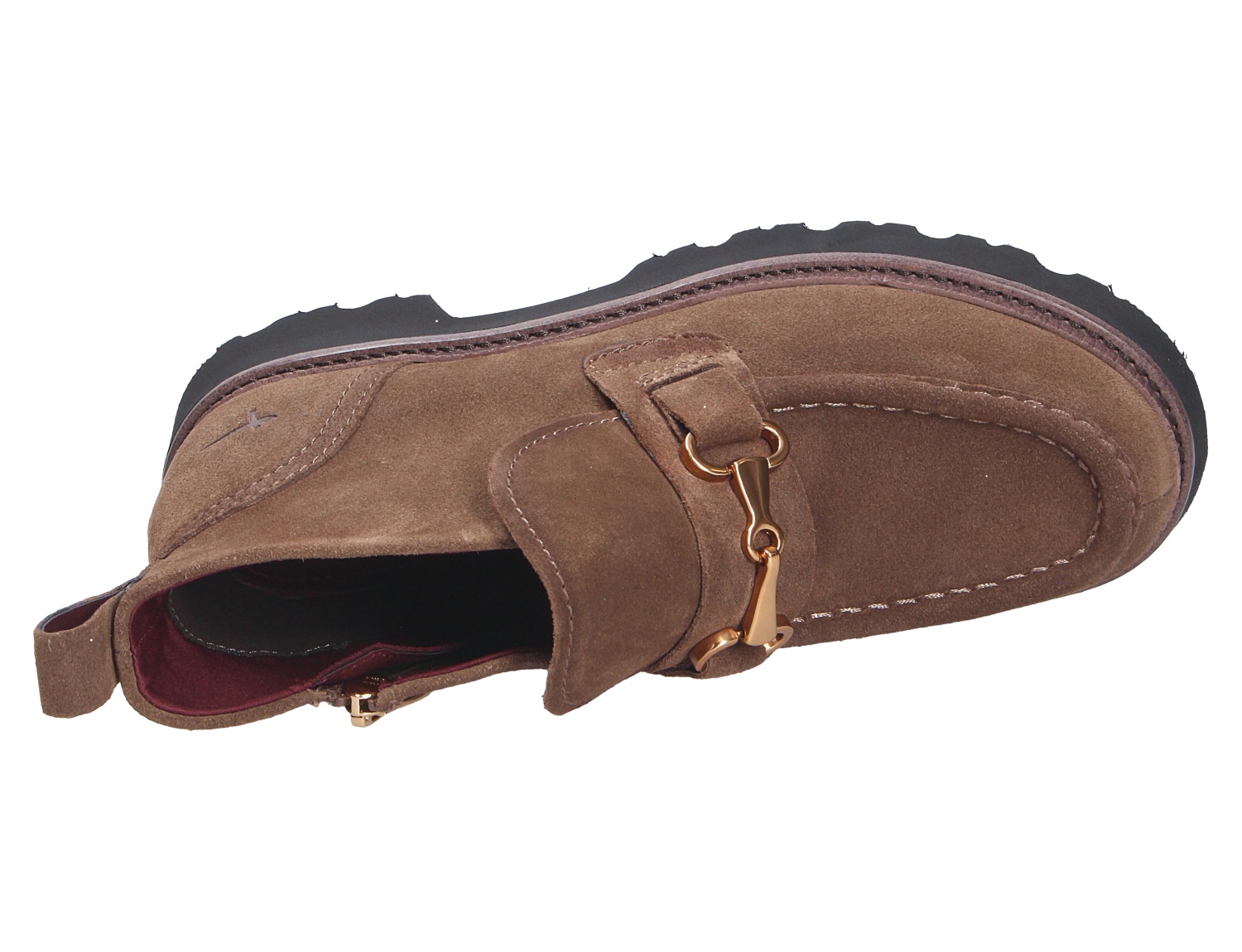 Tamaris Damen Stiefel in Braun aus Veloursleder, Draufsicht mit goldfarbener Zierspange, Reißverschluss und markanter Profilsohle