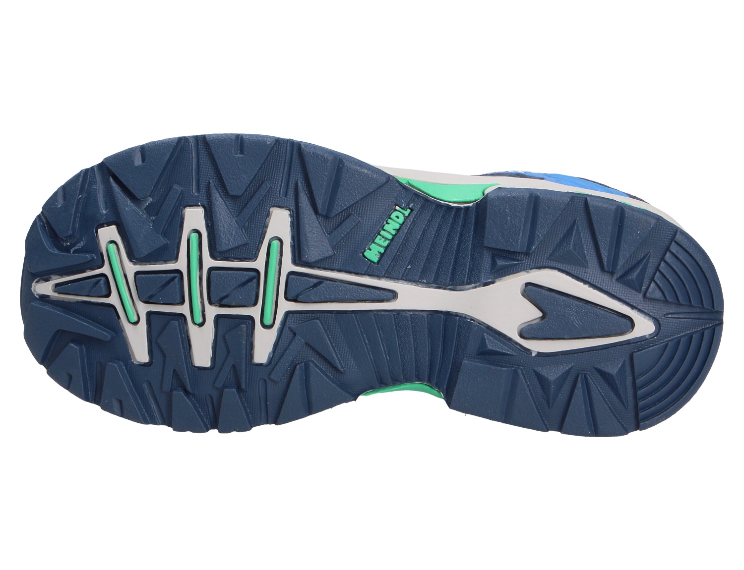 Ansicht der profilierten Laufsohle des Meindl Respond Jungen Halbschuhs in Blau, robuster Kinder-Freizeitschuh für Alltag, Schule und kleine Outdoor-Abenteuer