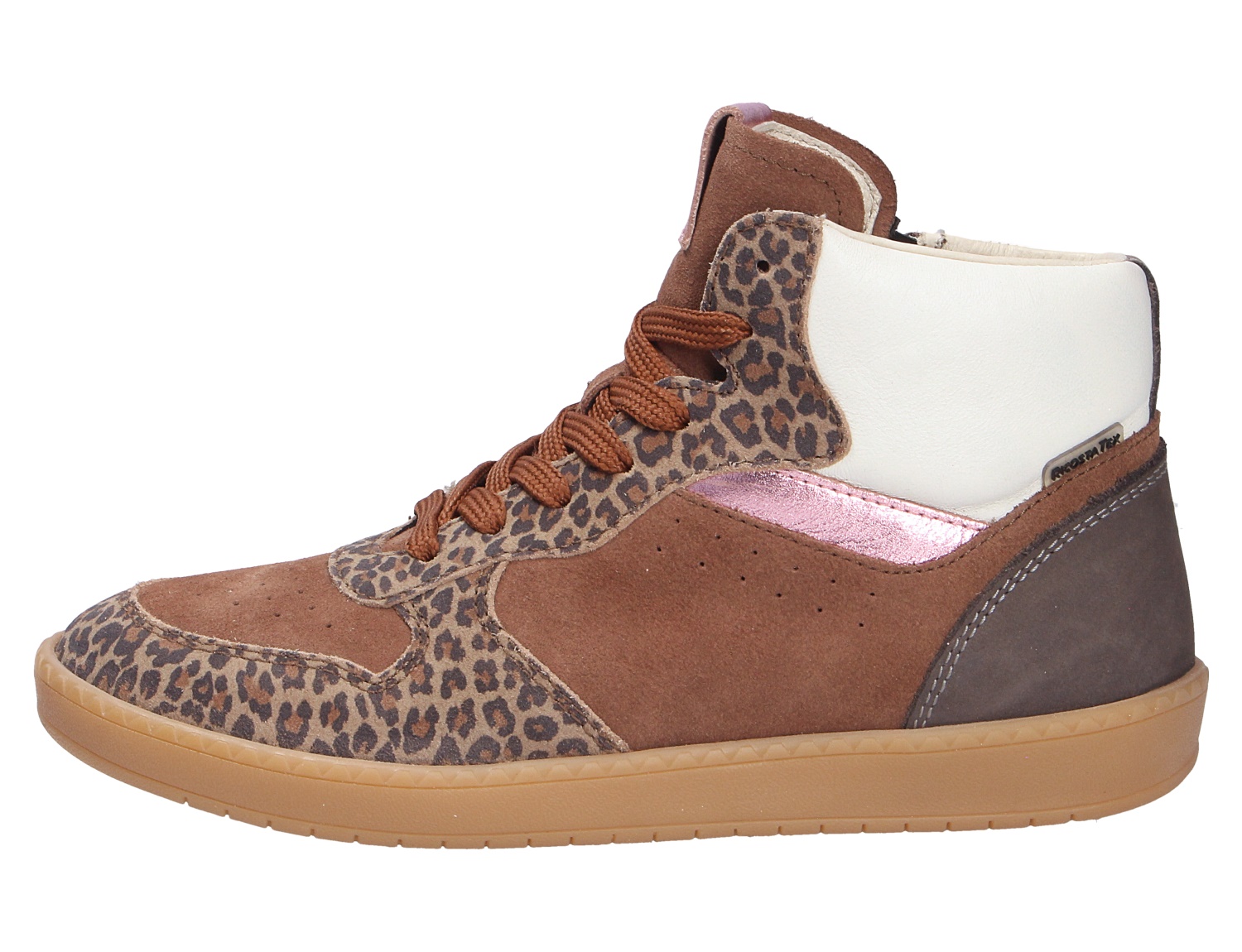 Ricosta Mädchen Sneakerboot, brauner Kinder-Sneakerboot mit Leo-Print, weißem Schaft und Schnürung in seitlicher Ansicht