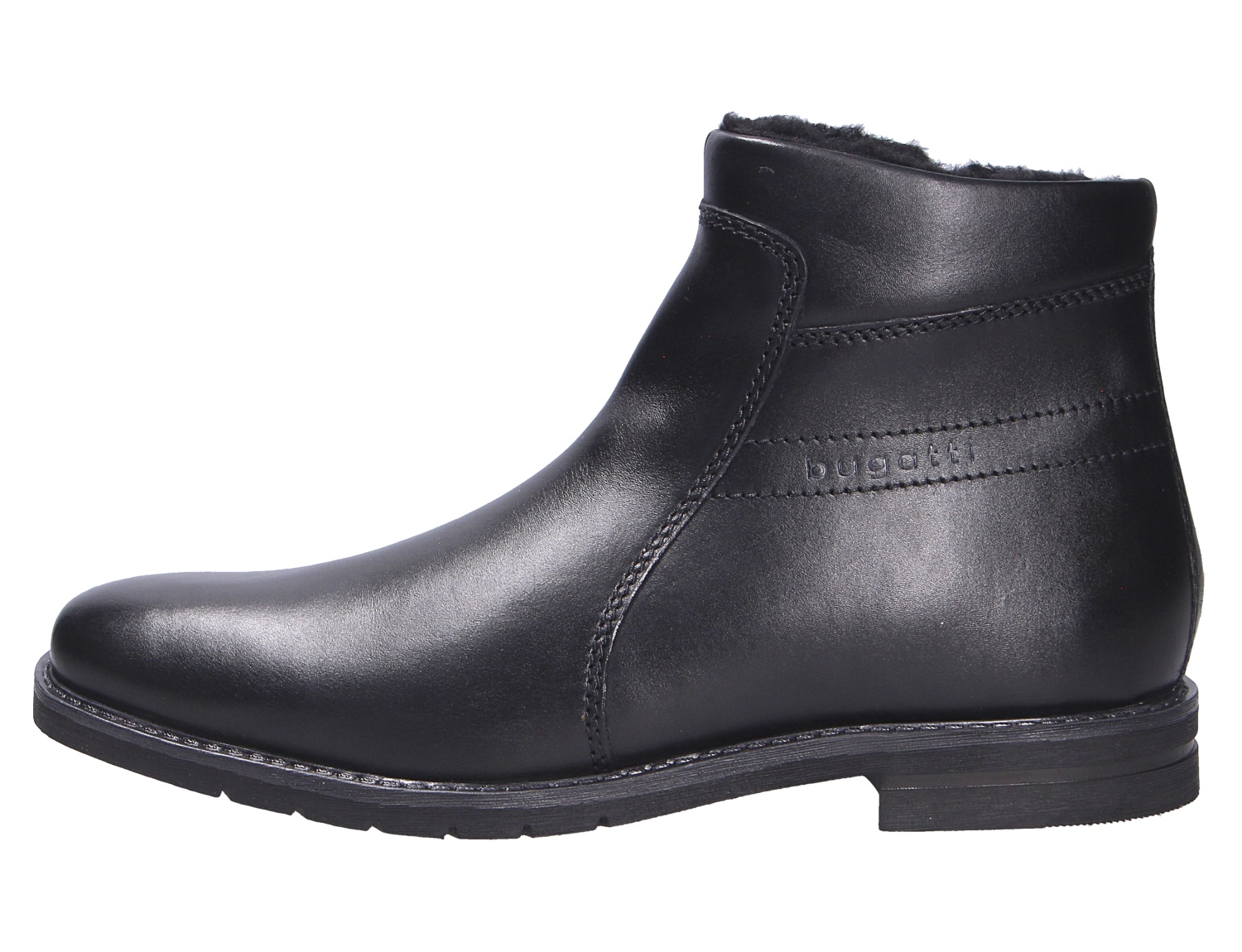 bugatti Herren Stiefel aus schwarzem Glattleder, seitliche Ansicht, mit warmem Innenfutter und robuster Sohle