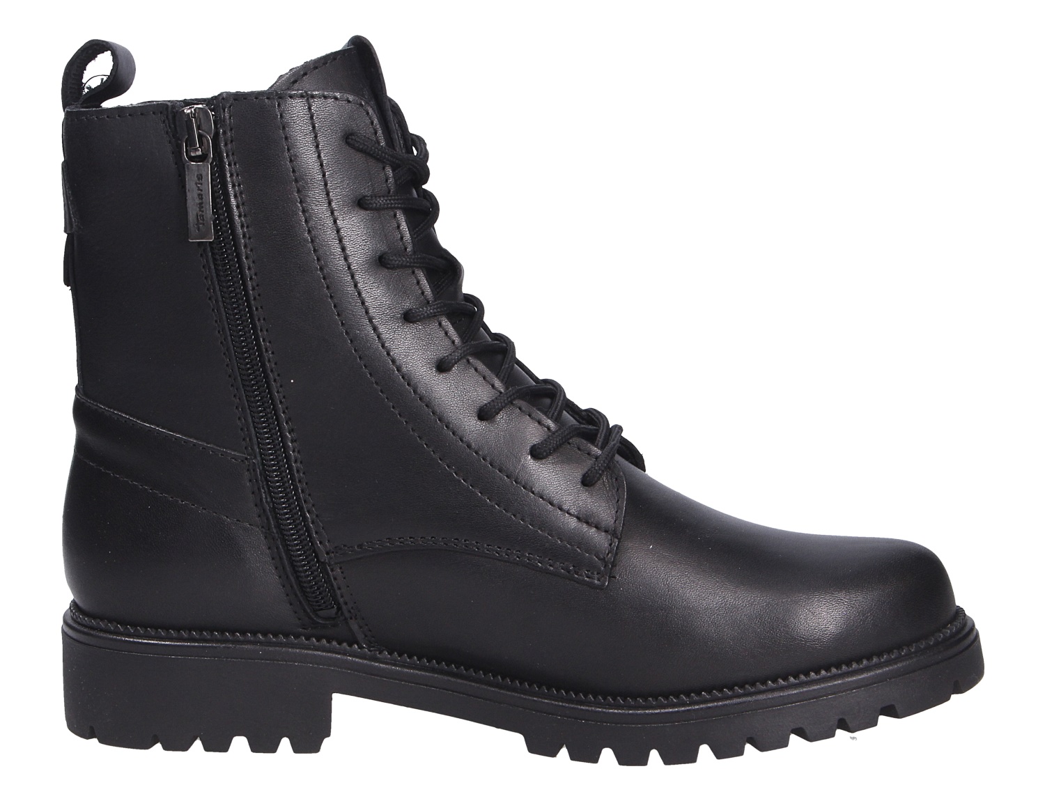 Schwarzer Tamaris Damen Stiefel aus glattem Material mit Schnürung, seitlichem Reißverschluss und robuster Profilsohle
