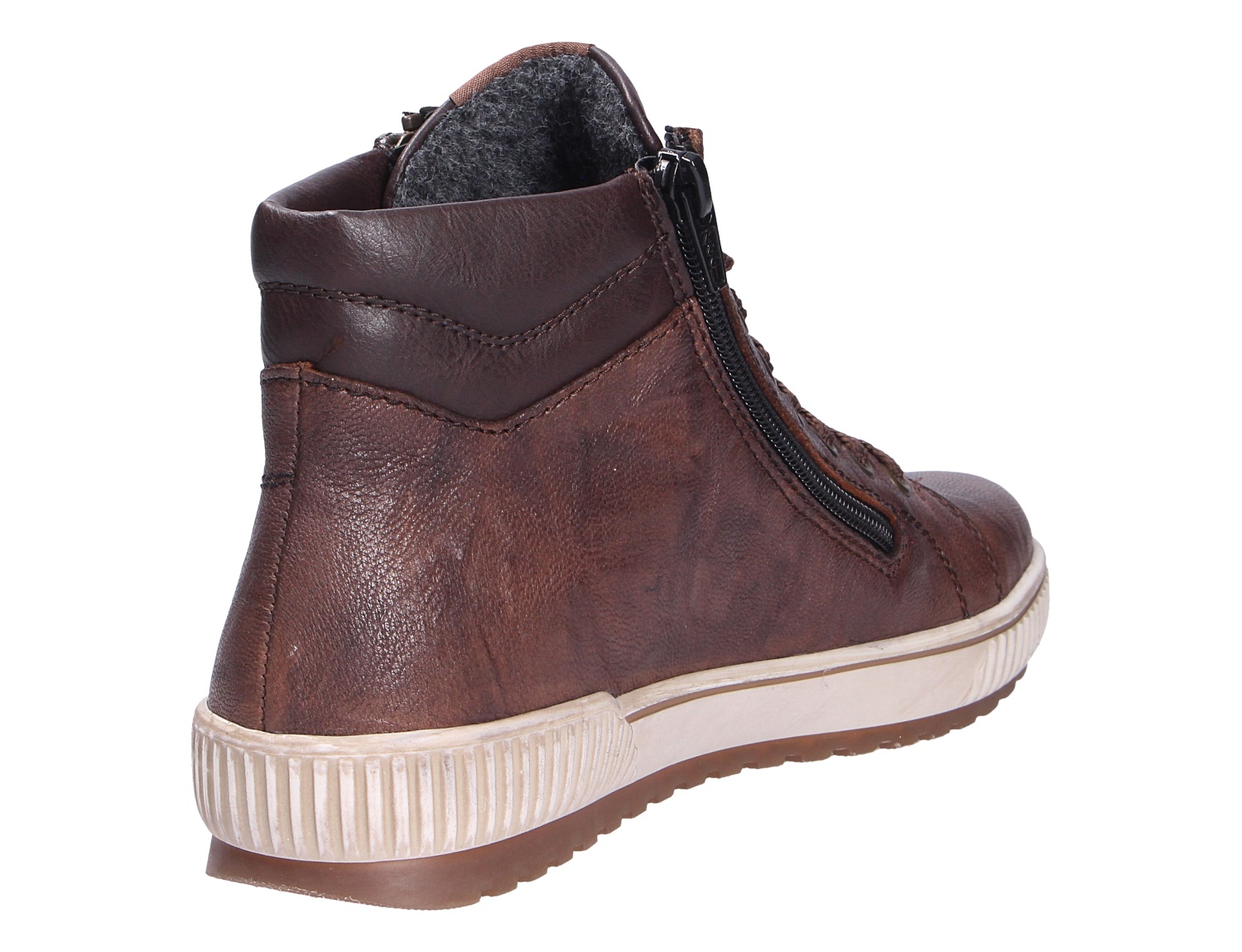 Remonte Damen Stiefel in Braun aus Leder, Seiten- und Rückansicht mit Reißverschluss, weichem Schaftrand und heller Profilsohle