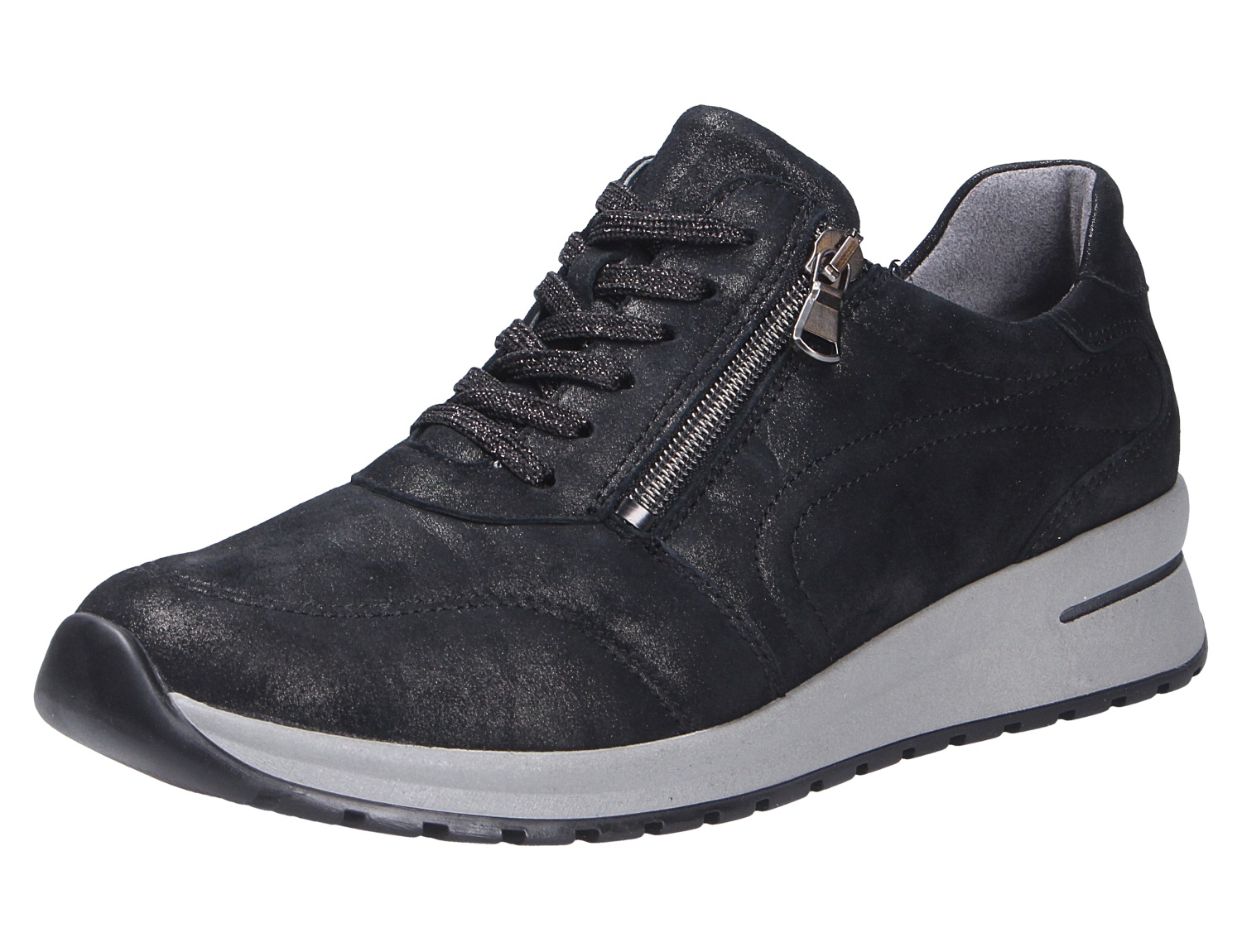 Waldläufer H-Inessa Damen-Sneaker in Schwarz, sportlicher Halbschuh aus Leder mit Schnürung, seitlichem Reißverschluss und heller Keilsohle
