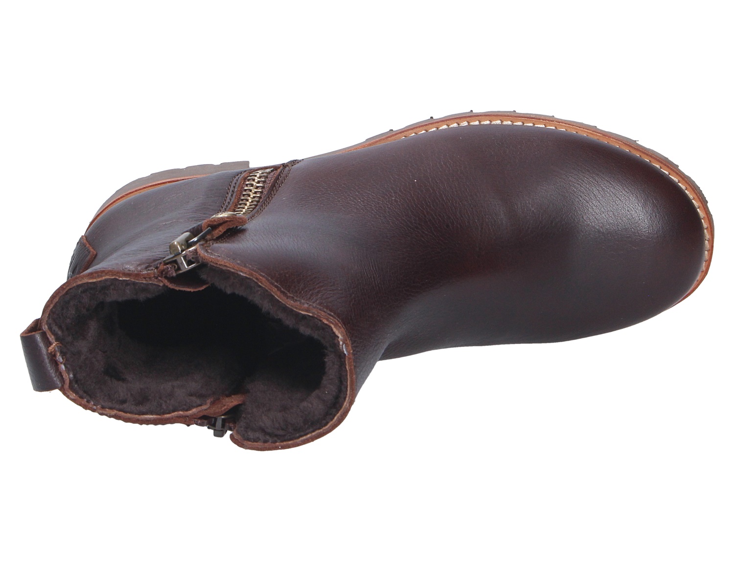 Panama Jack Fiore Stiefelette aus dunkelbraunem Leder, Draufsicht mit seitlichem Reißverschluss und warmem Innenfutter