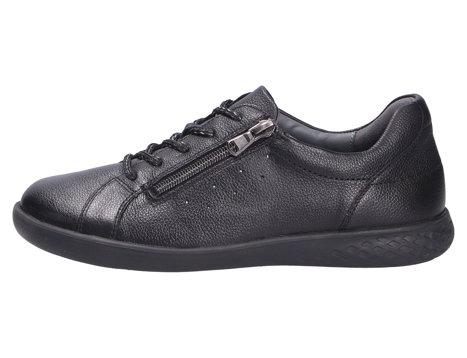 Seitenansicht des Waldläufer H-Cloé Damen-Sneakers in Schwarz aus genarbtem Leder mit Schnürung, seitlichem Reißverschluss und bequemer Laufsohle