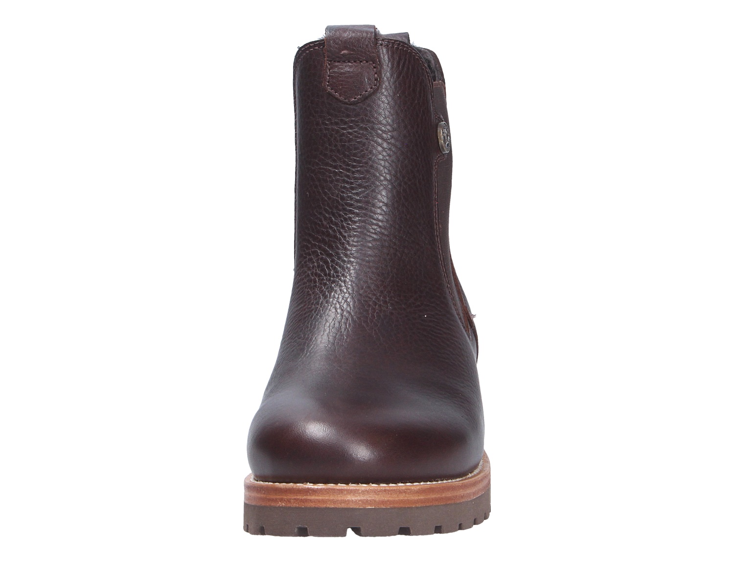 Frontansicht der Panama Jack Francesca Damen-Stiefelette aus dunkelbraunem Leder mit robuster Profilsohle