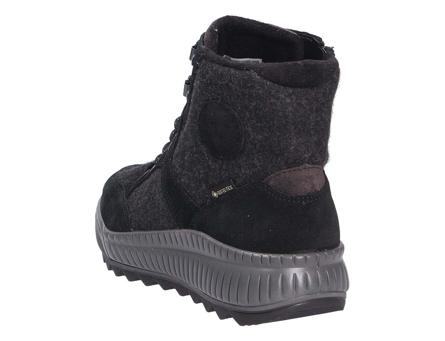 Legero Damen Stiefel in Schwarz, Rück- und Seitenansicht, mit Schnürung, Reißverschluss, Gore-Tex und robuster Profilsohle
