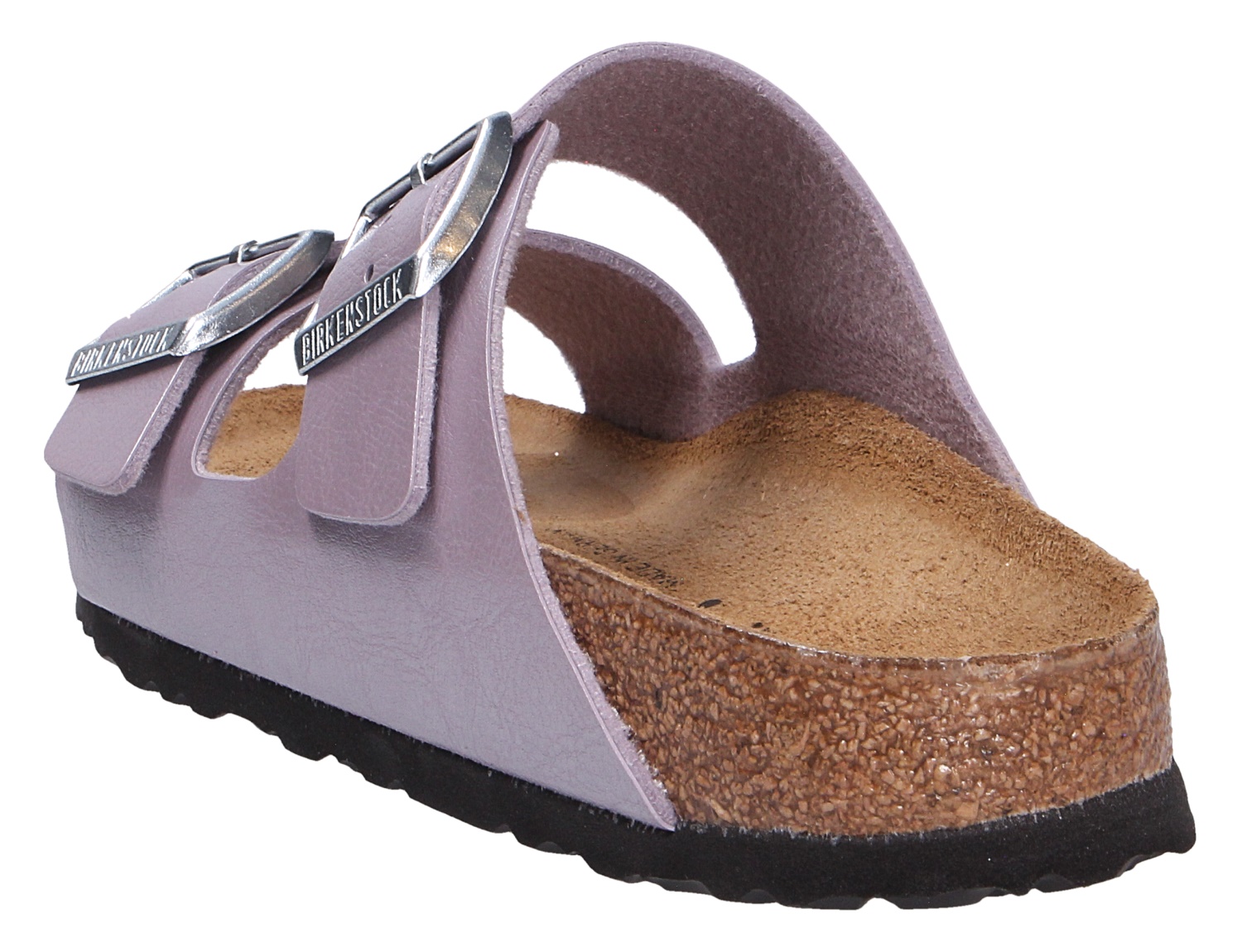 Birkenstock Arizona Sandale in Metallic-Lila mit zwei verstellbaren Riemen, anatomischem Kork-Latex-Fußbett und schwarzer Laufsohle