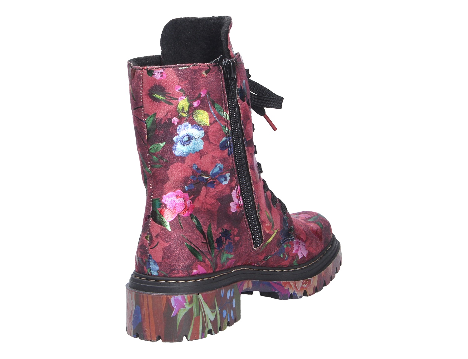 Rieker Damen Stiefel in Bordeaux mit floralem Print, Blockabsatz, profilierter Sohle, seitlichem Reißverschluss und Schnürung