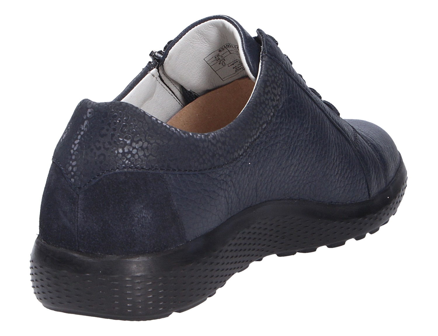 Waldläufer K-Ira Damen-Sneaker in Navy aus Leder, Rück- und Seitenansicht mit Schnürung, schwarzer Komfortsohle und strukturierter Ferse