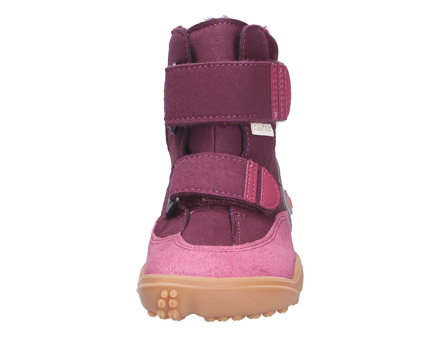 Frontalansicht der Ricosta Mädchen Stiefel in Rosa und Bordeaux mit zwei Klettverschlüssen und robuster Sohle