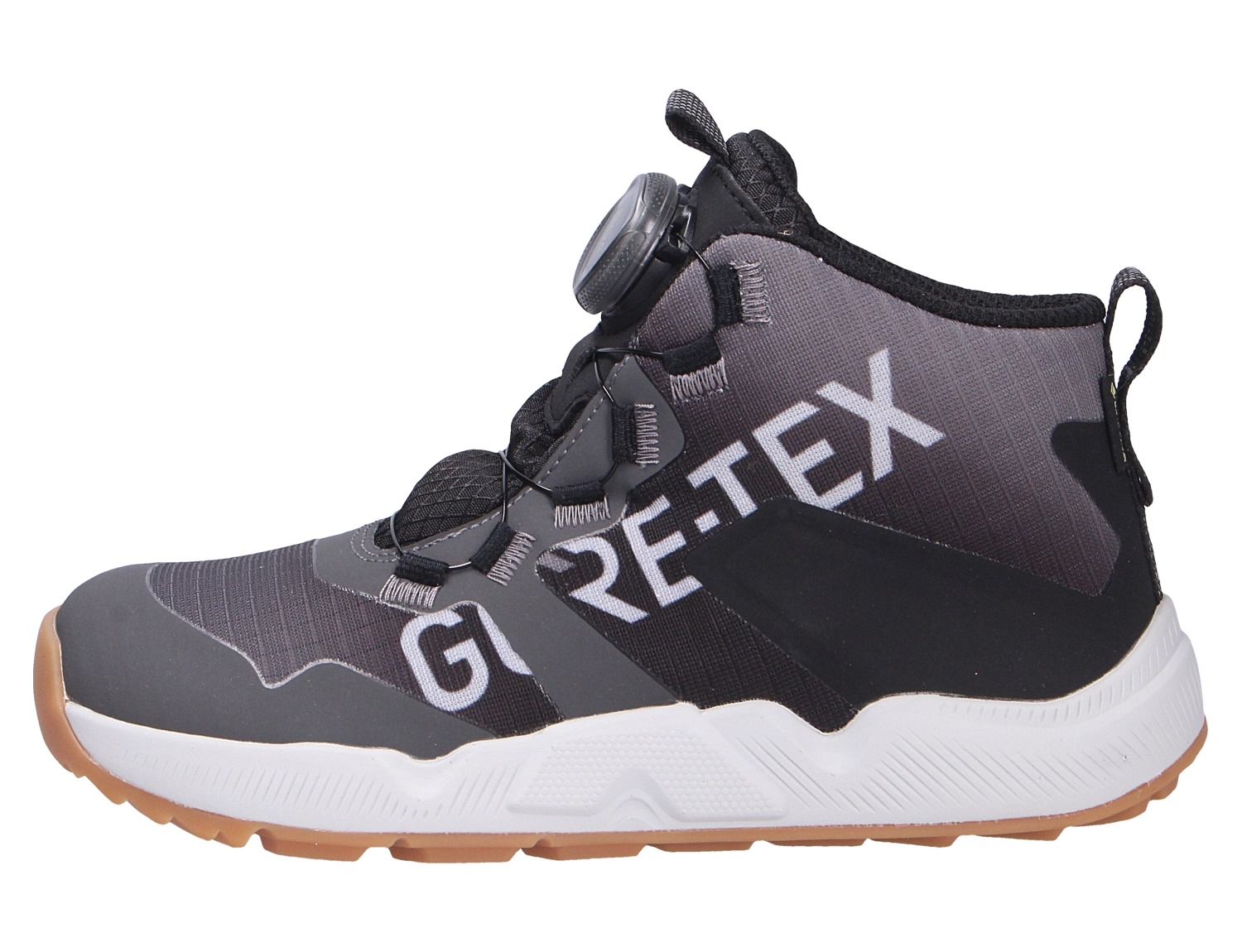 Superfit AGOS Kinder-Sneaker in Grau und Schwarz mit BOA-Drehverschluss, weißer Sohle und Profilsohle in der Seitenansicht