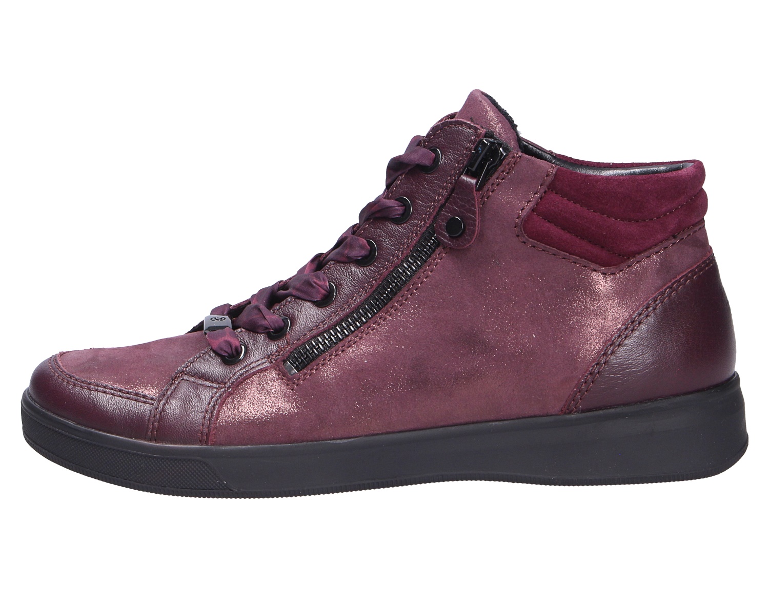 Ara ROM knöchelhoher Damen-Sneaker in Bordeaux mit leichtem Glanzeffekt, seitlichem Reißverschluss, Schnürung und schwarzer Sohle