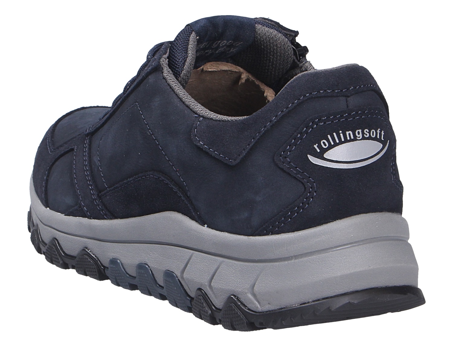 Pius Gabor Herren Schnürschuhe in Dunkelblau, Rückansicht eines sportlichen Lederschuhs mit rollingsoft Logo und markanter Profilsohle