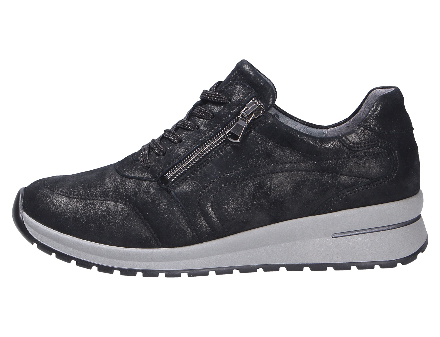 Waldläufer H-Inessa Damen-Sneaker in Schwarz, seitliche Ansicht, mit Schnürung, Reißverschluss und heller Profilsohle