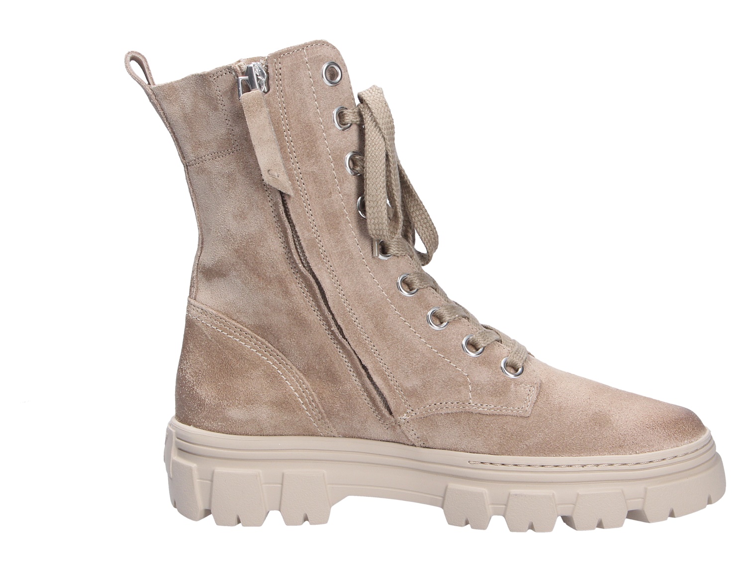 Paul Green Damen Stiefel in Beige aus Veloursleder, seitliche Ansicht mit Schnürung, Reißverschluss und robuster Profilsohle