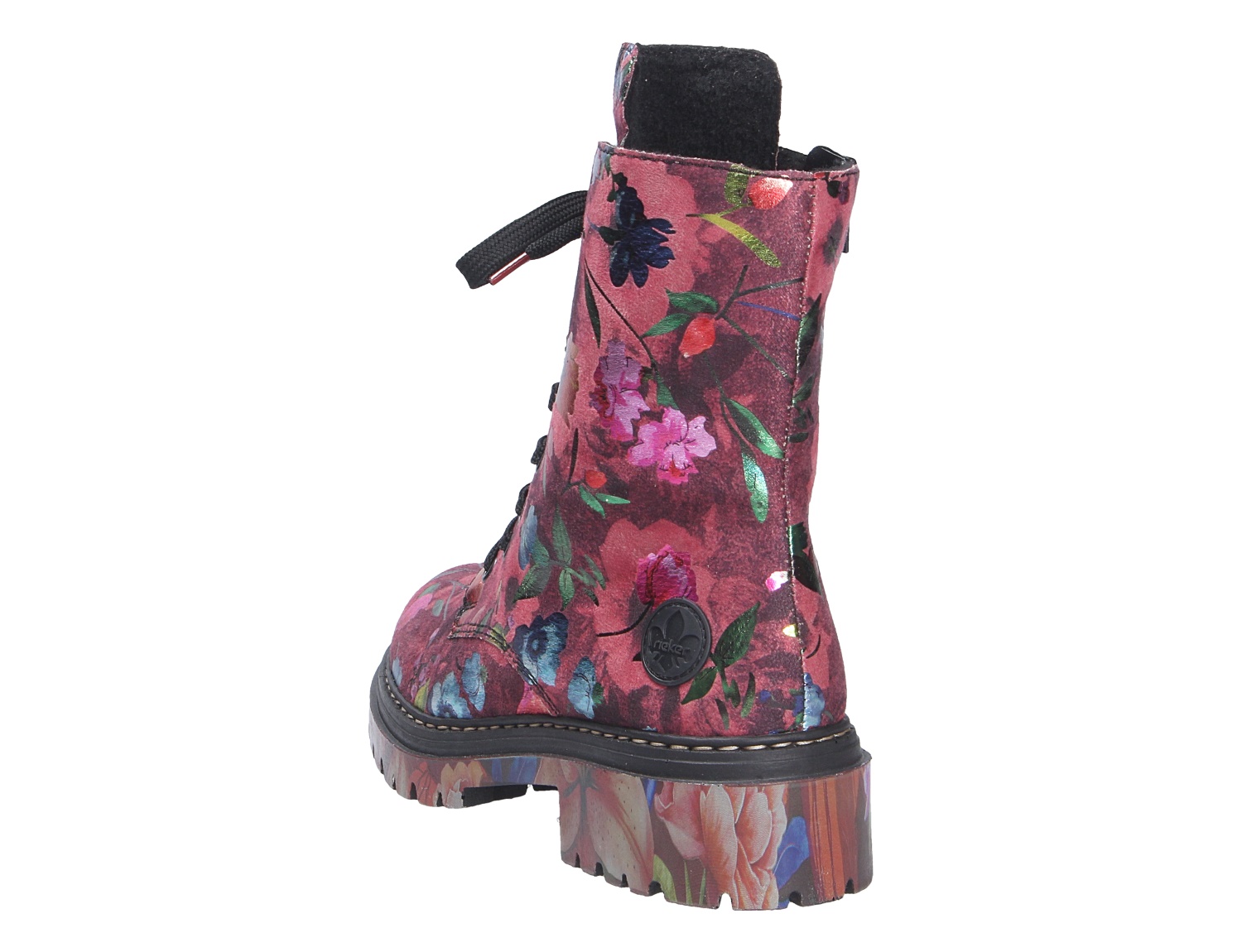 Rieker Damen Stiefel in Bordeaux mit floralem Print, Schnürung und markanter Profilsohle, Rückansicht
