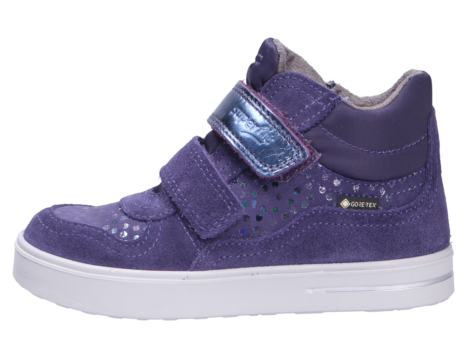 Superfit Stella Kinder-Sneaker in Lila aus Veloursleder mit zwei Klettverschlüssen, Glitzerdetails, weißer Sohle und Gore-Tex-Membran