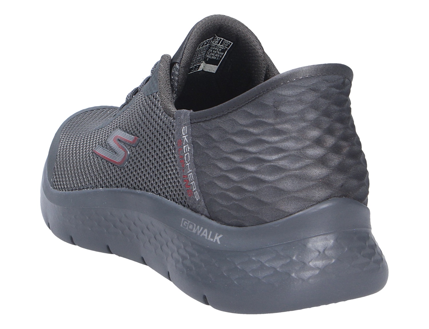 Skechers Go Walk Sneaker in Schwarz aus Mesh, schräge Rückansicht mit gepolsterter Ferse und leichter Laufsohle