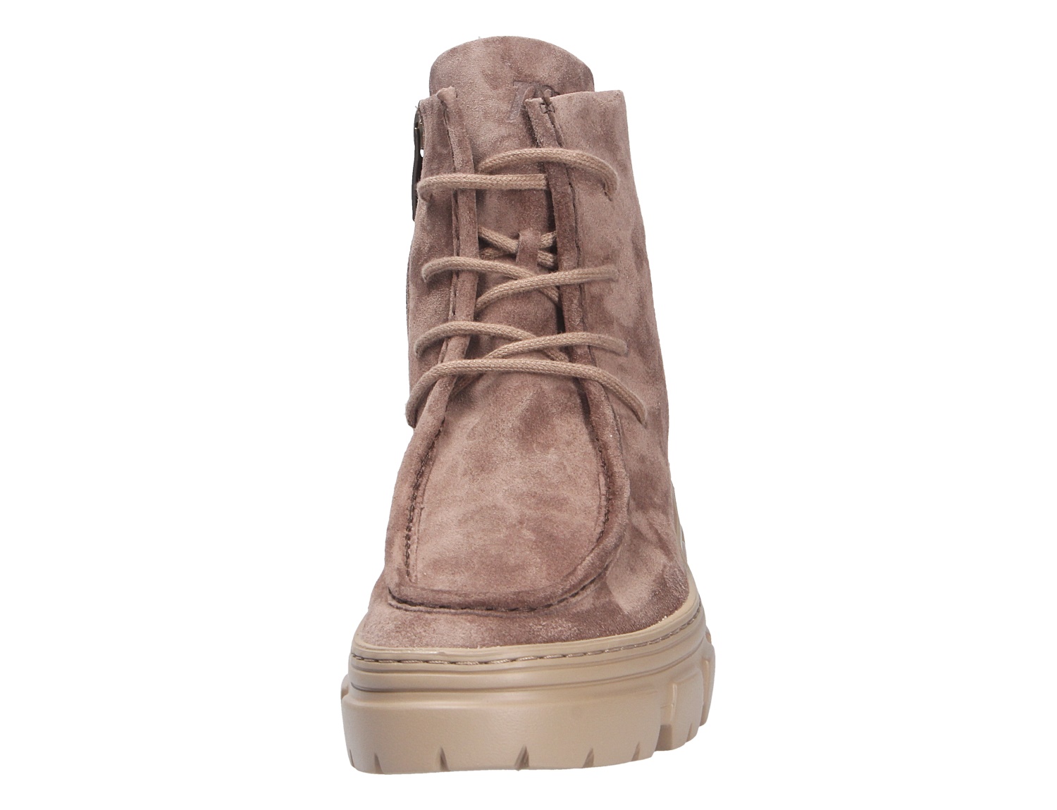 Frontansicht der Paul Green Damen Schnürschuhe in Taupe aus Veloursleder mit Schnürung und heller, markanter Profilsohle
