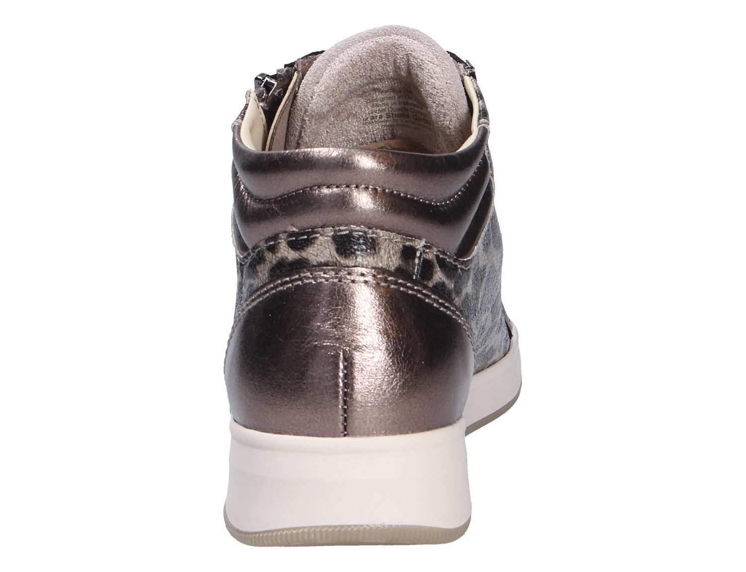 Rückansicht des Ara ROM Sneakers in Metallic-Optik mit Reißverschluss, gemustertem Fersendetail und heller Keilsohle