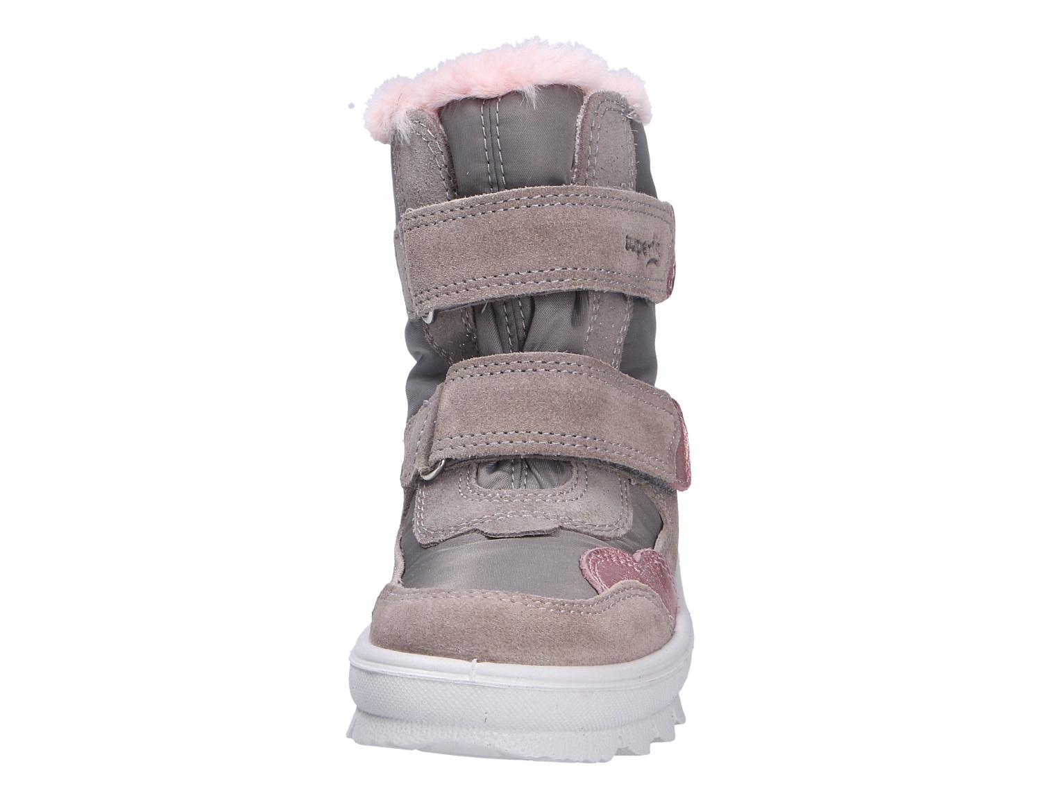 Vorderansicht des Superfit FLAVIA Winterstiefels in Taupe mit zwei Klettverschlüssen, flauschigem Innenfutter und Herzdetail