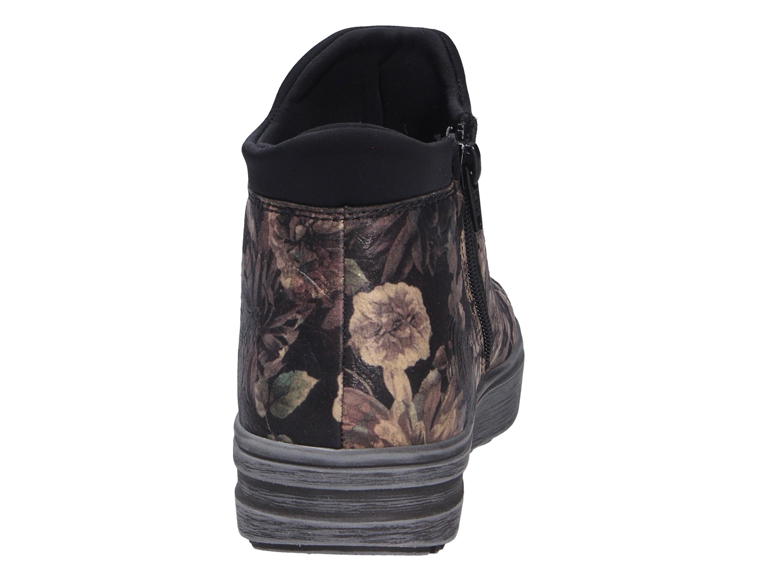 Rückansicht der Rieker Damen Stiefel mit floralem Print, schwarzem Schaftrand und seitlichem Reißverschluss