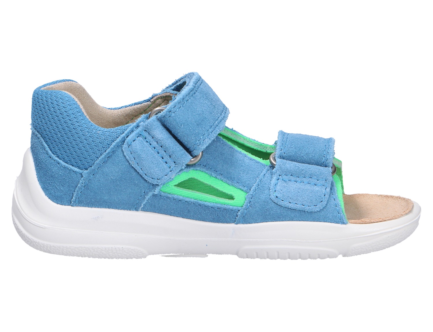 Superfit NINO Kinder-Sandale aus blauem Veloursleder mit zwei Klettverschlüssen, offener Zehenpartie und weißer Sohle