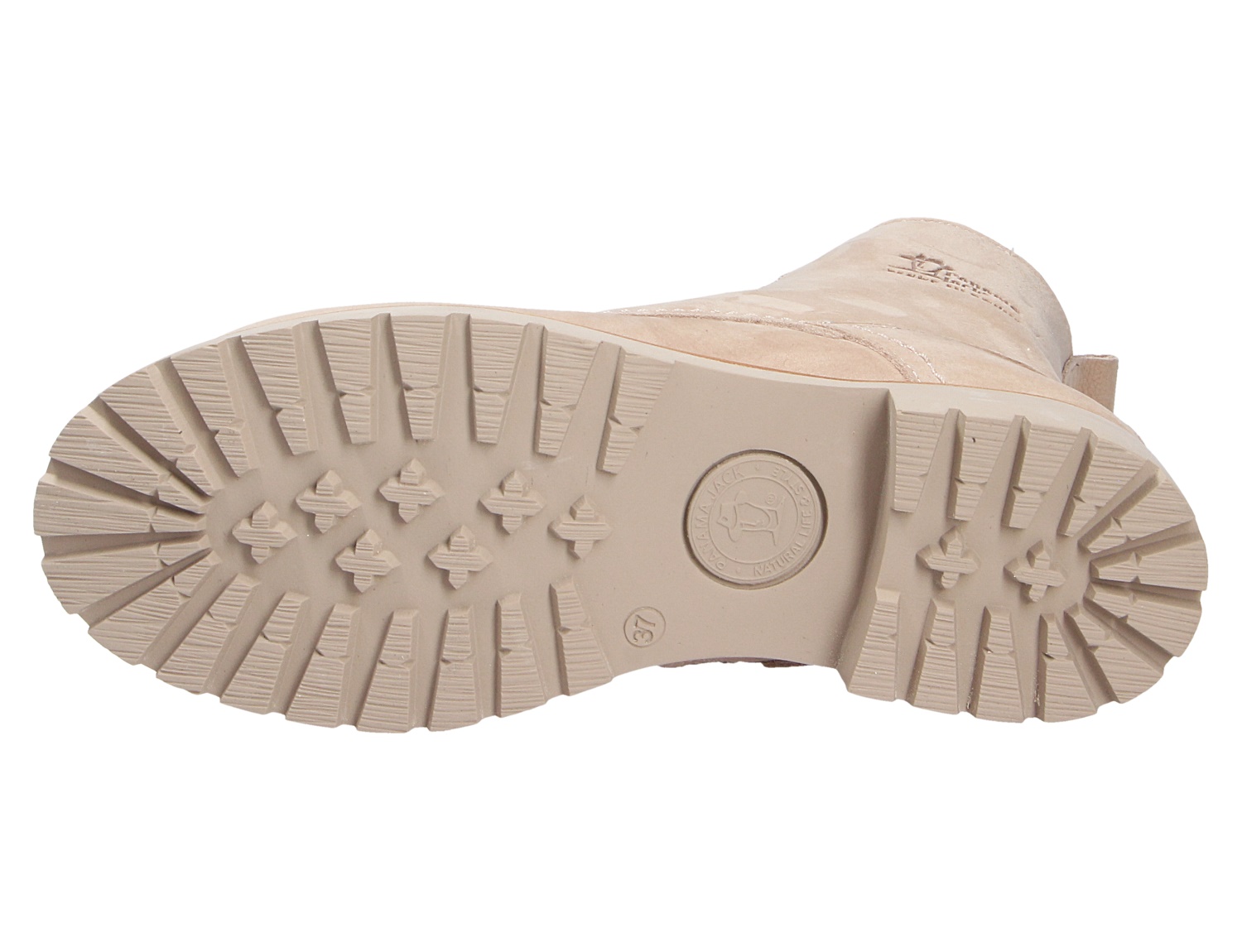 Unteransicht der robusten Profilsohle des Panama Jack Fara Boots in Beige mit markantem Grip