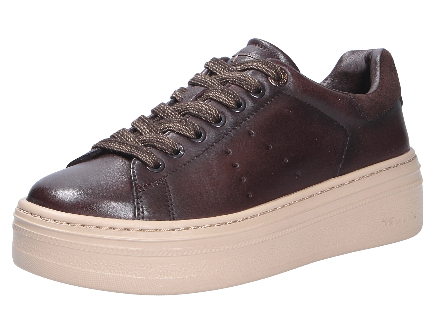 Tamaris Damen Sneaker aus dunkelbraunem Leder mit Schnürung und heller Plateau-Sohle, seitliche Ansicht