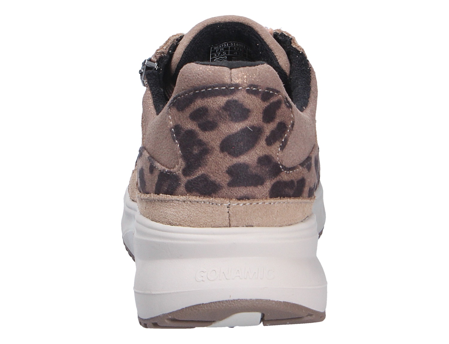 Rückansicht des Waldläufer H-Macie Sneakers in Taupe mit Leopardenmuster und heller Gummisohle