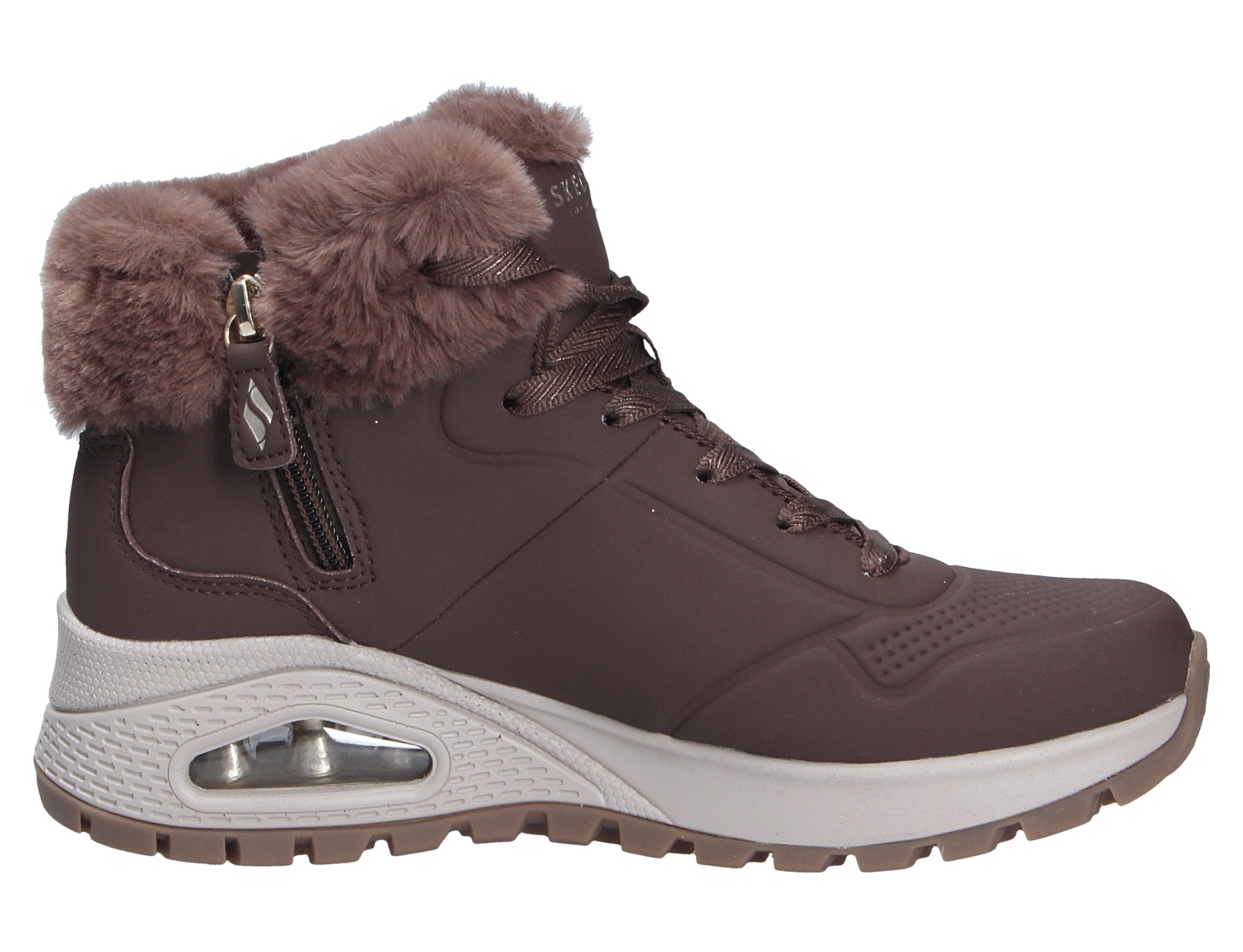 Skechers Uno Rugged Damen Winter-Sneaker in Braun, seitliche Ansicht, mit Kunstfellkragen, Schnürung, Reißverschluss und profilierter Sohle