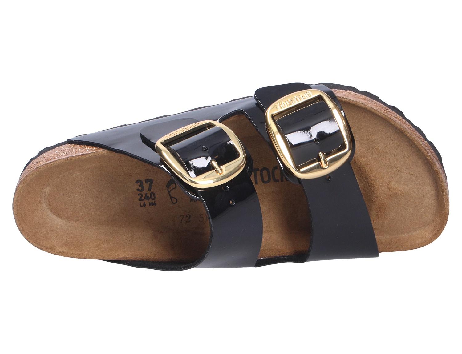 Birkenstock Arizona Big Buckle Pantolette in Schwarz, zwei Riemen mit großen goldfarbenen Schnallen und anatomischem Kork-Latex-Fußbett