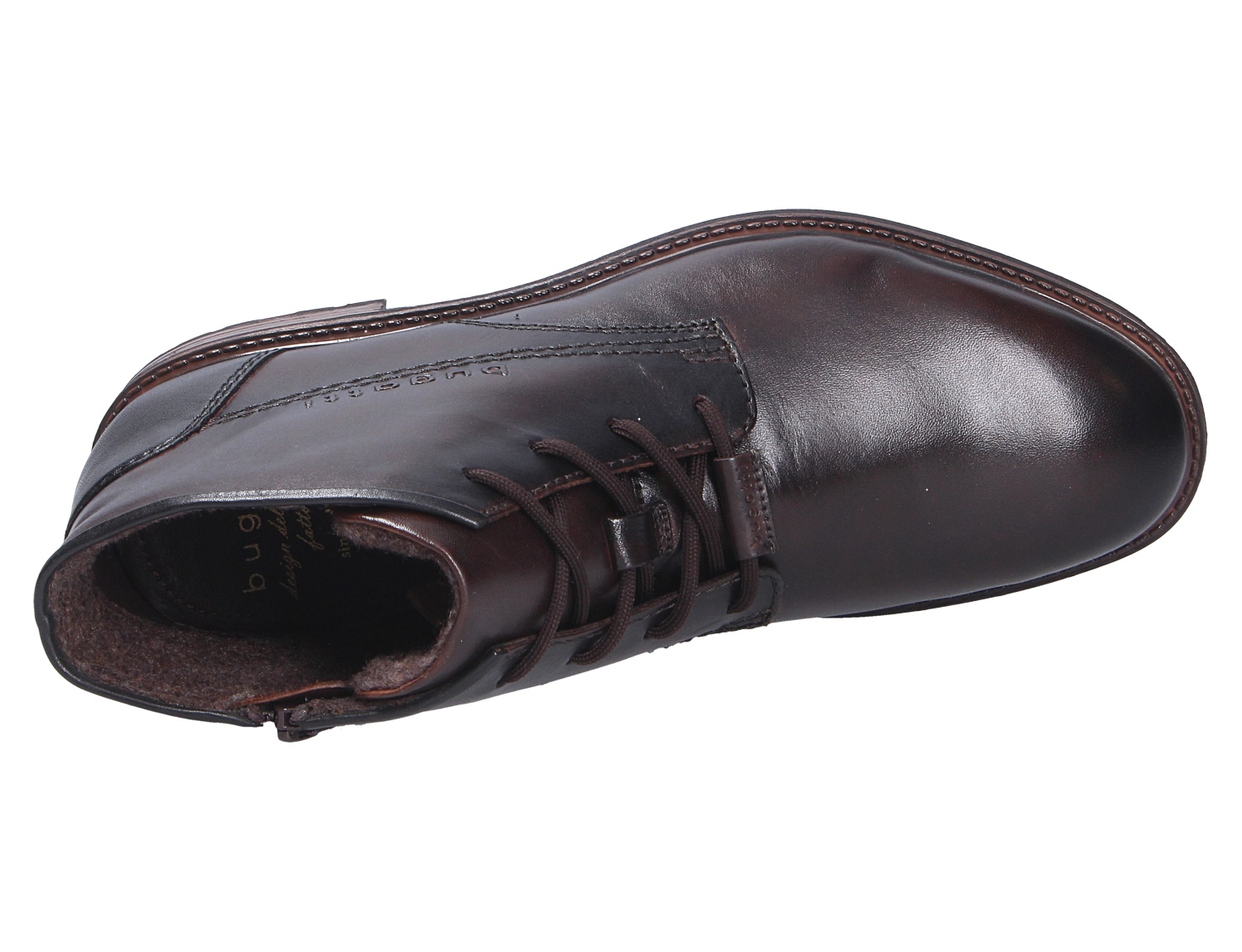 bugatti Herren Stiefel in Dunkelbraun, elegante Leder-Schnürstiefelette mit seitlichem Reißverschluss und warmem Innenfutter, Ansicht von oben