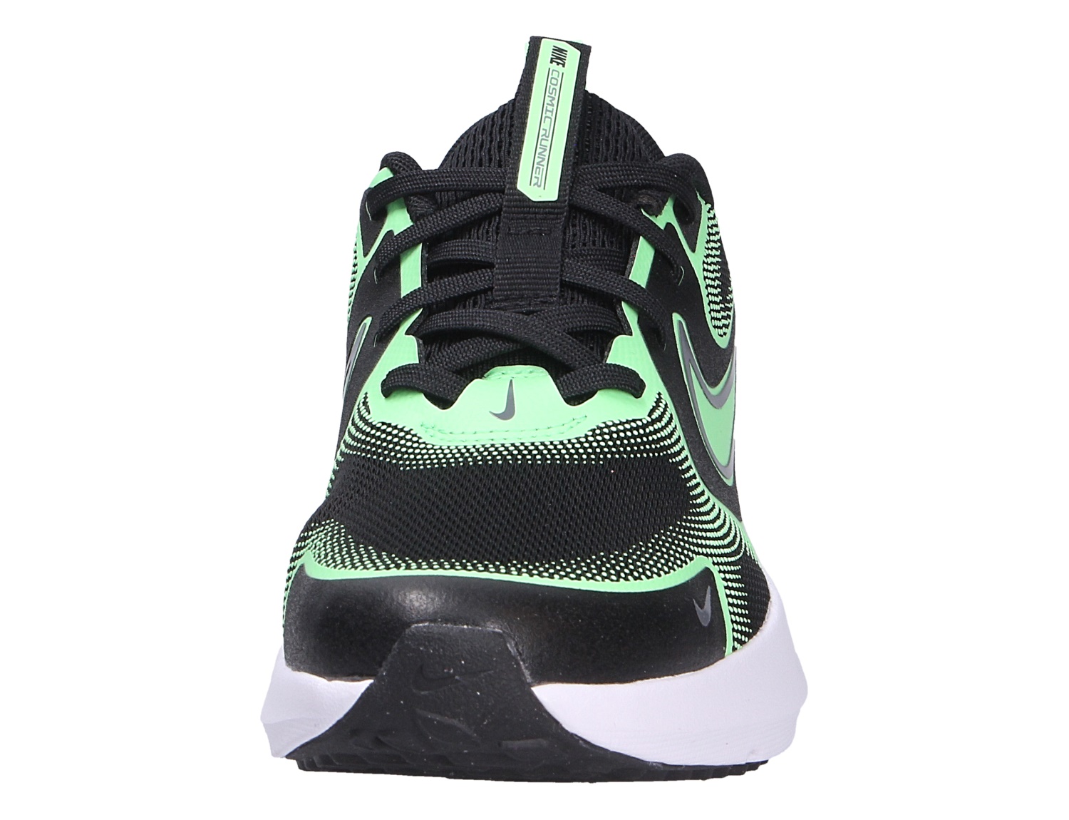 Frontalansicht des Nike Cosmic Runner für Kinder in Grün und Schwarz, sportlicher Halbschuh mit Schnürung und weißer Sohle für Alltag, Schule und Spiel
