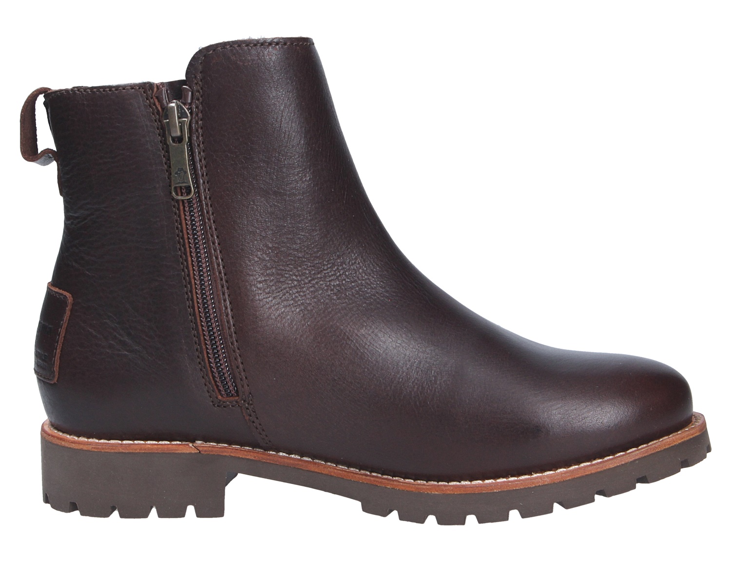 Panama Jack Fiore Damen-Stiefelette aus dunkelbraunem Leder, seitliche Ansicht mit Reißverschluss und markanter Profilsohle