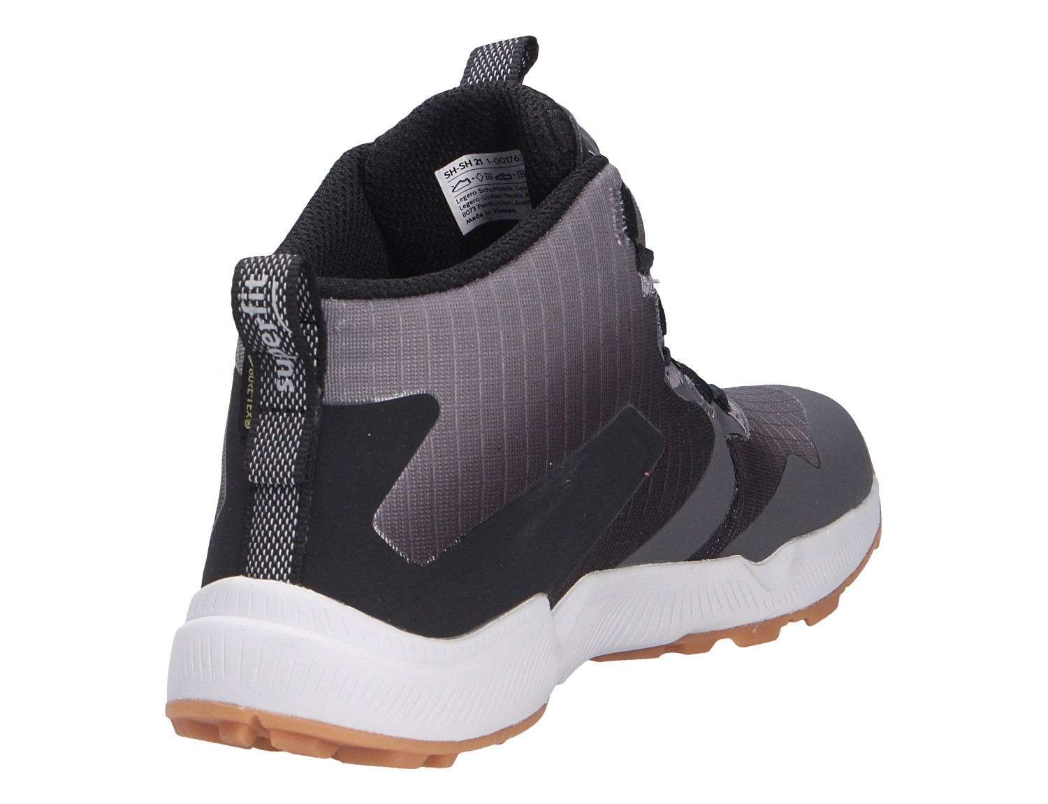 Rückansicht des Superfit AGOS Kinder-Sneakers in Schwarz und Grau mit weißer Sohle und griffigem Profil