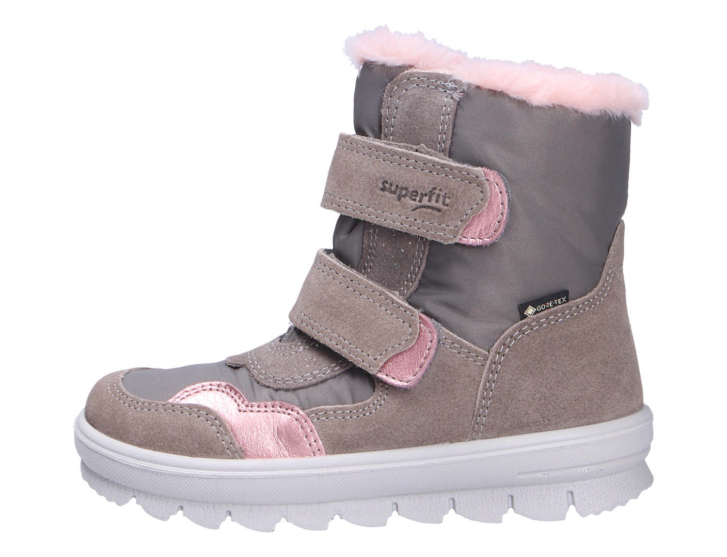 Superfit FLAVIA Winterstiefel für Kinder in Taupe mit rosa Metallic-Details, warmem Fellrand, Klettverschluss und GORE-TEX