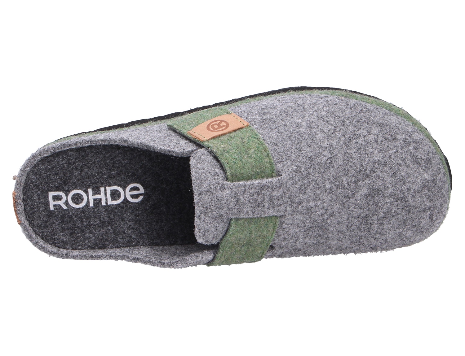 Draufsicht auf den Rohde Marciana Hausschuh: grauer Filzpantoffel mit grünem Riemen und Logo-Detail.