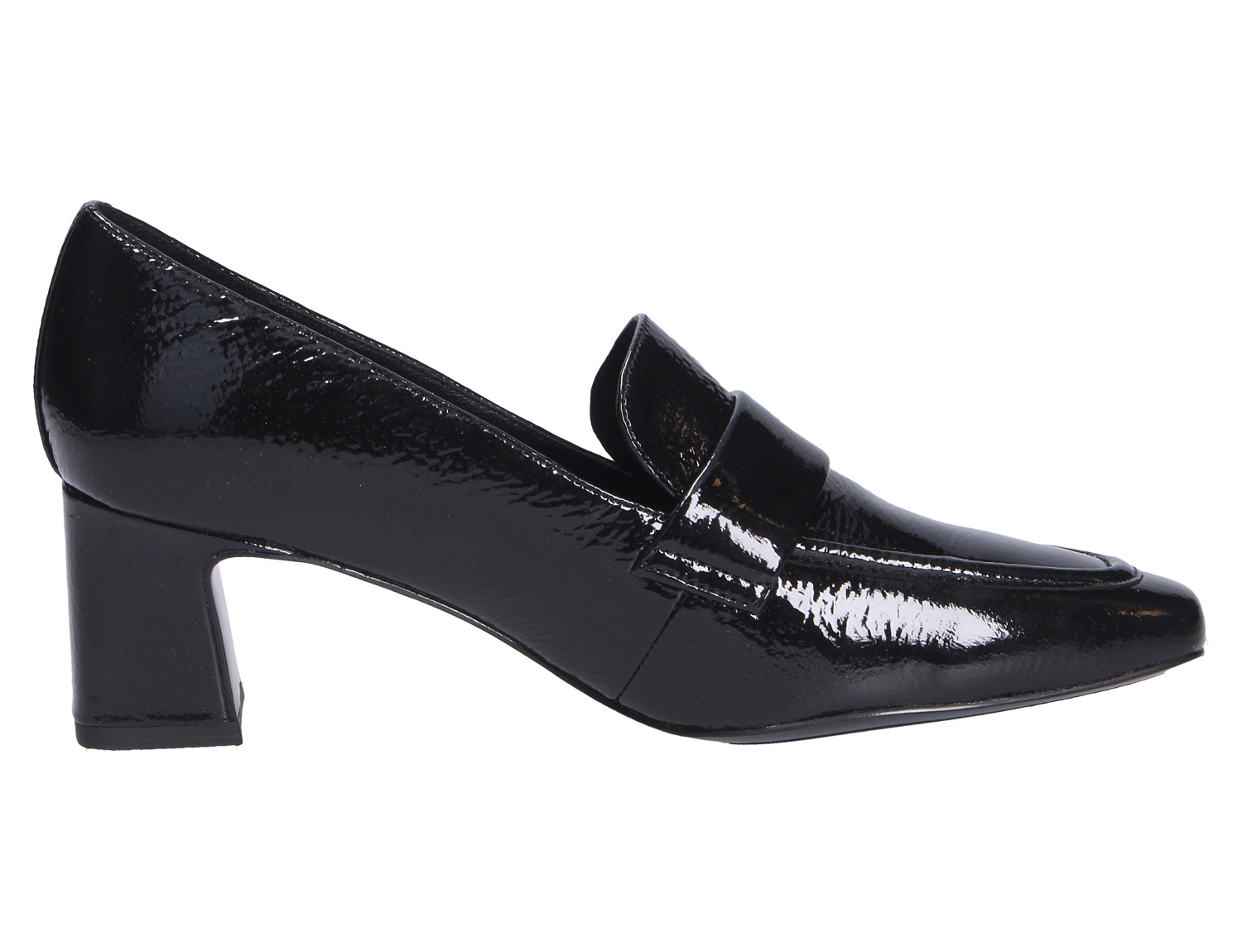 Peter Kaiser Damen Pumps in Schwarz aus glänzendem Lackleder, seitliche Ansicht mit Blockabsatz und Loafer-Riemen