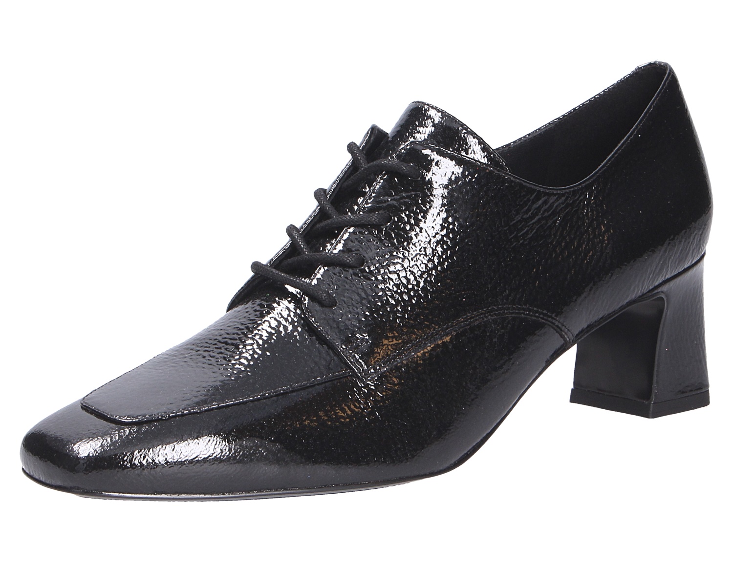 Peter Kaiser Damen Schnürschuhe aus schwarzem Lackleder mit eckiger Spitze, Schnürung und Blockabsatz