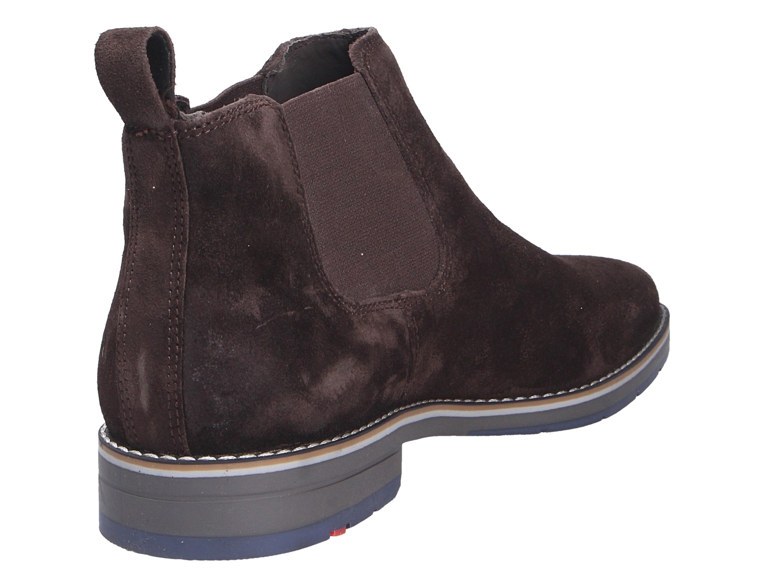 Lloyd DRIFT 315 Chelsea-Boot aus dunkelbraunem Veloursleder mit seitlichem Elastikeinsatz, Rück- und Seitenansicht