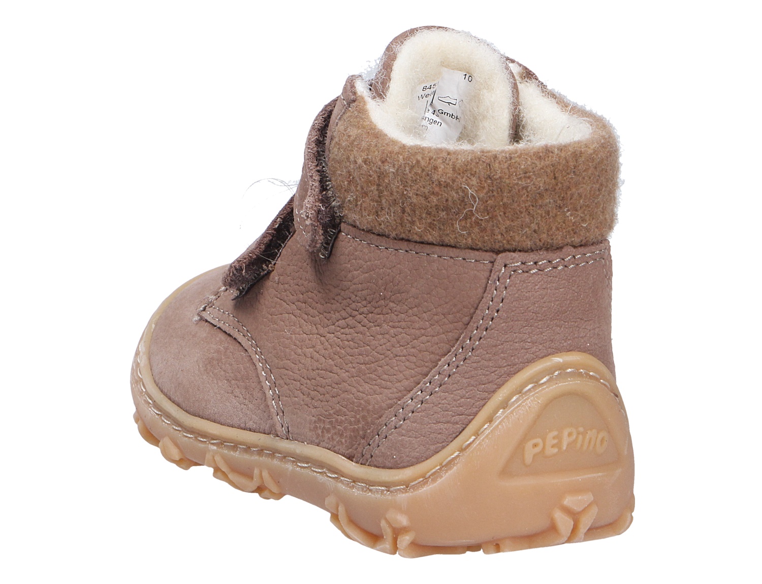 Ricosta Cory Kinder-Winterboot in Taupe, gefütterter Lauflernschuh mit Klettverschluss, warmem Wollfutter und rutschfester Sohle, Rückansicht