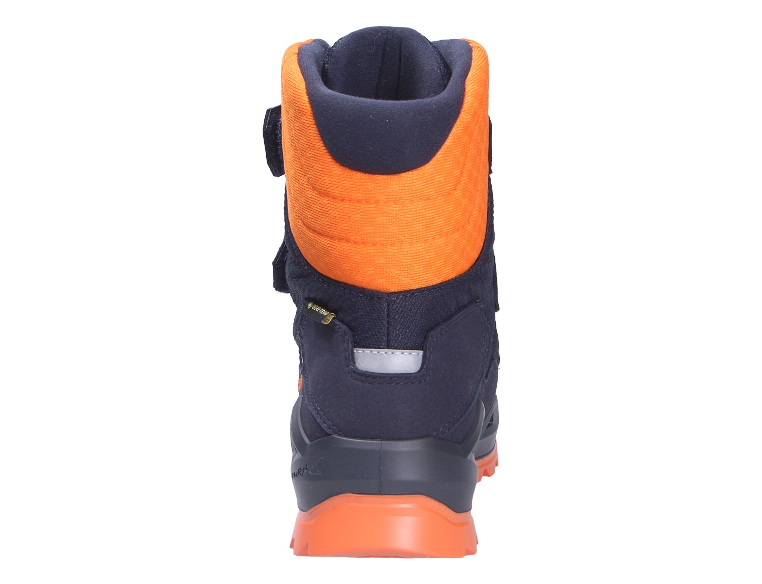 Rückansicht des Lowa MILO EVO GTX HI JR Kinder-Winterstiefels in Dunkelblau und Orange mit hohem Schaft und robuster Sohle