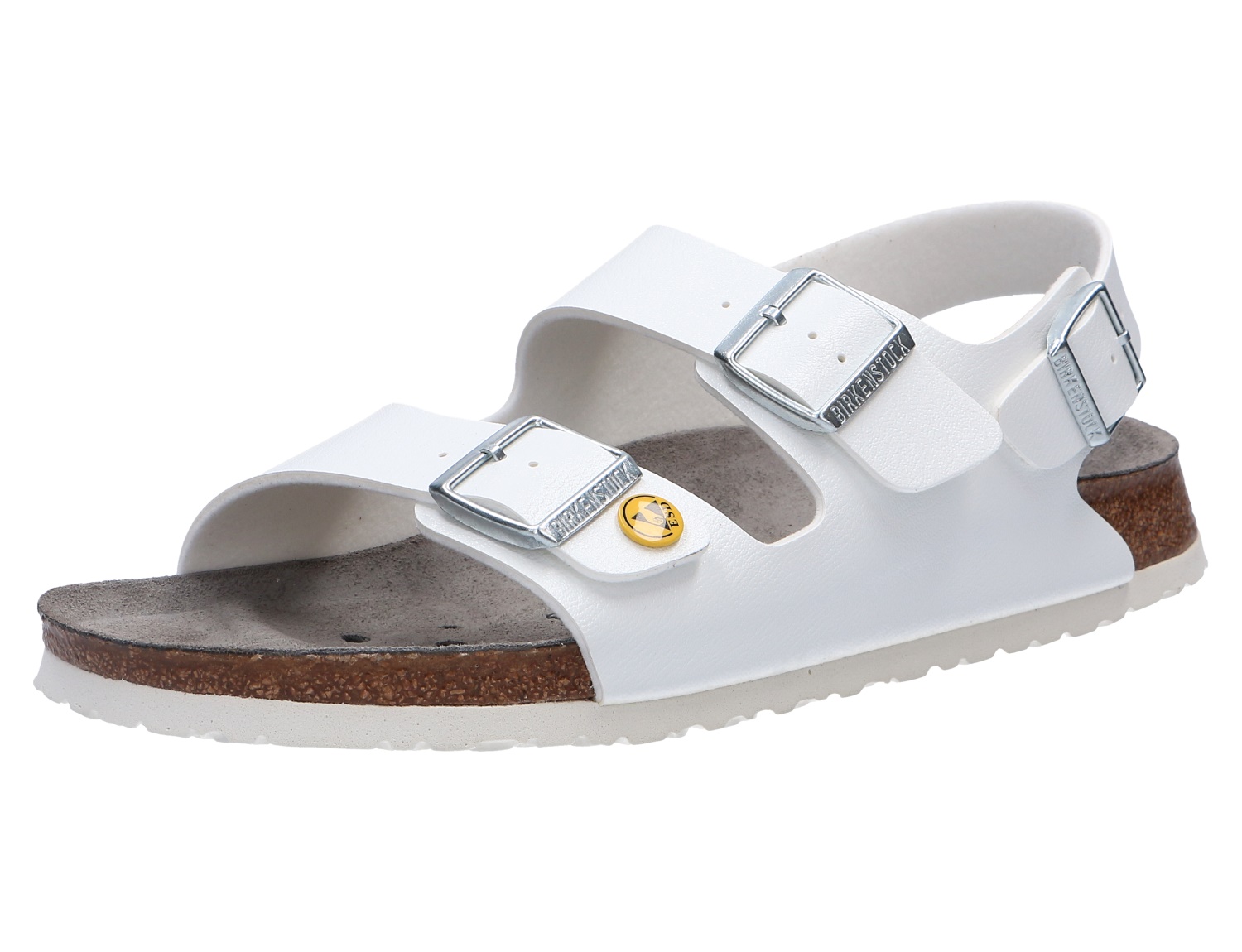 Birkenstock Milano BS ESD Herrensandale in Weiß, luftige ESD-Sandale mit zwei verstellbaren Riemen, Fersenriemen und komfortablem Fußbett für Beruf und Alltag