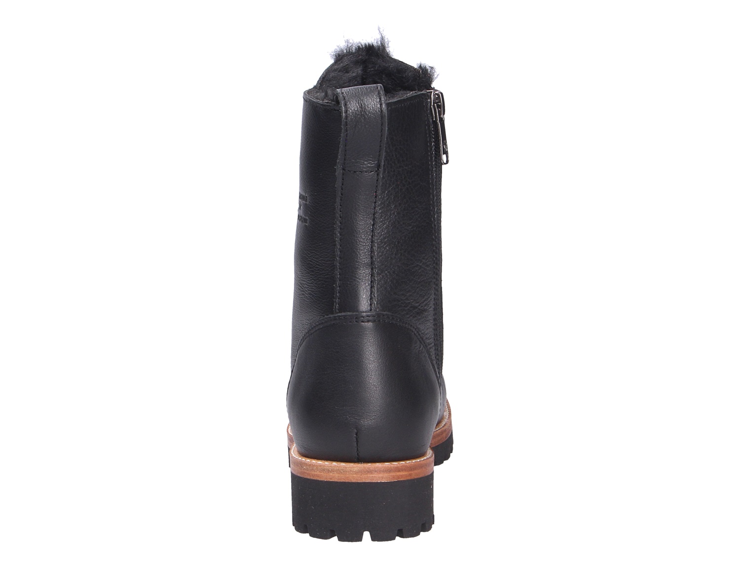 Rückansicht der schwarzen Panama Jack Frisia Stiefelette aus Leder mit seitlichem Reißverschluss, Profilsohle und kuscheligem Innenfutter